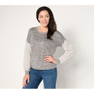 Maya J Women's Top Plus Sz 1X Hacci Lurex Striped Sleeve Puff Silver A675618